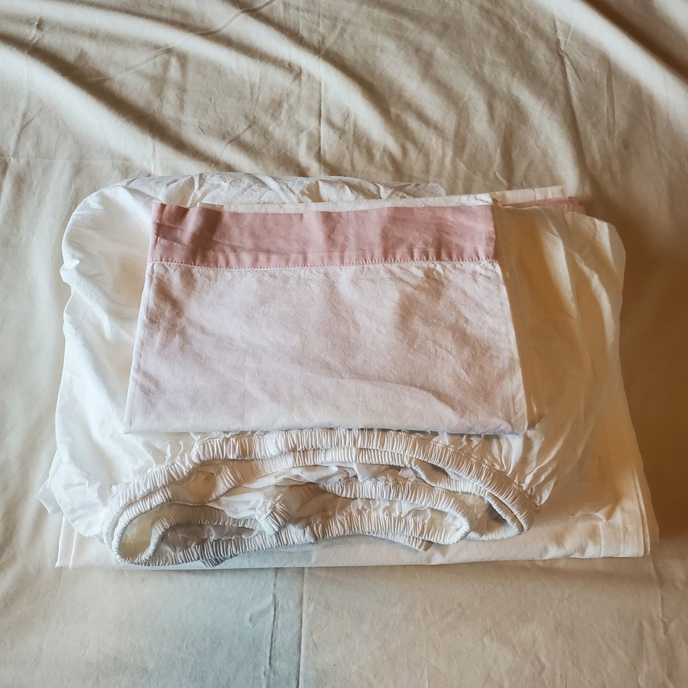 Pottery Barn Teen Twin XL Sheet Set White Pink trim 100% Organic Cotton 3pc